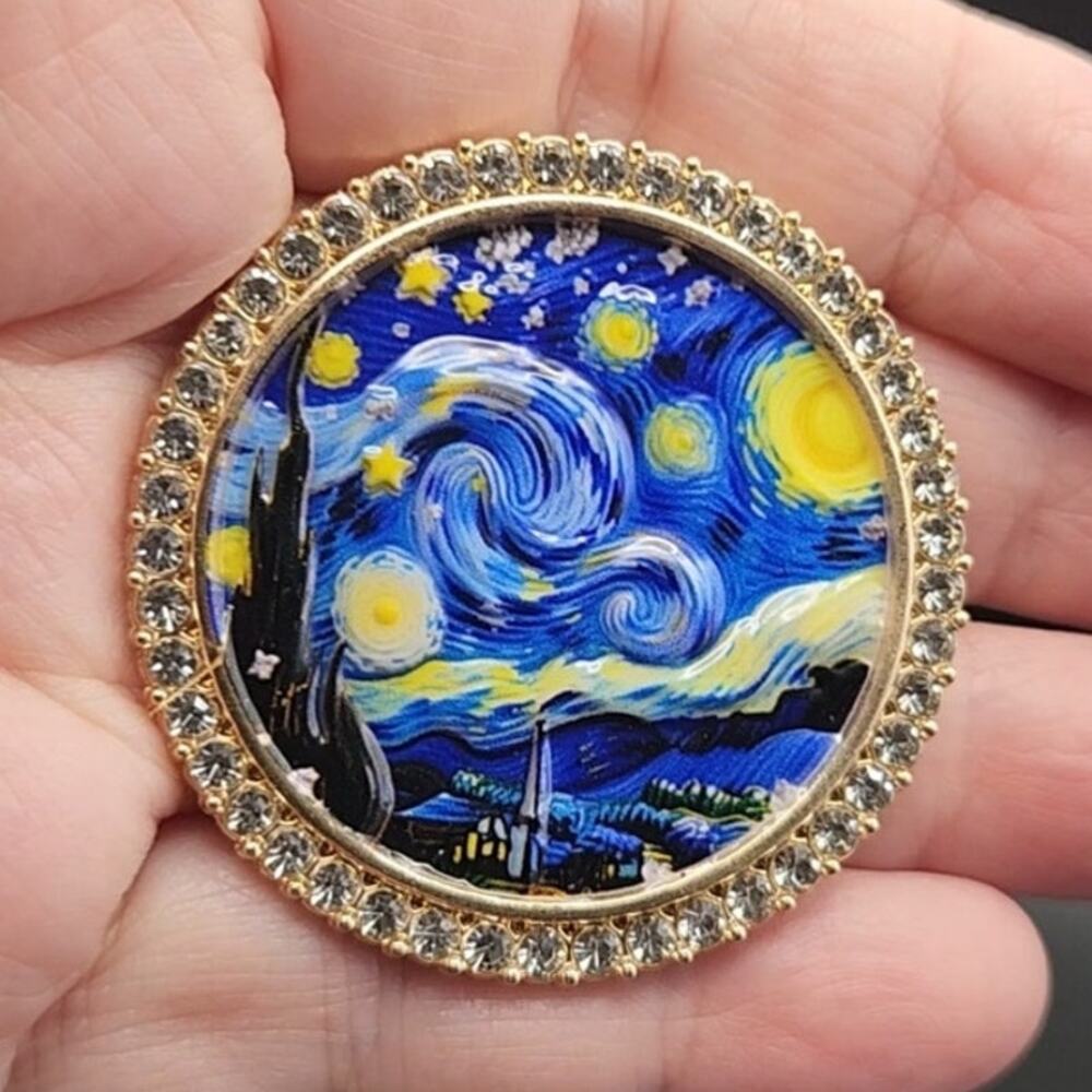 Van Gogh Starry Night Art Brooch Painted Enamel Ringed by Rhinestones 1.75"
